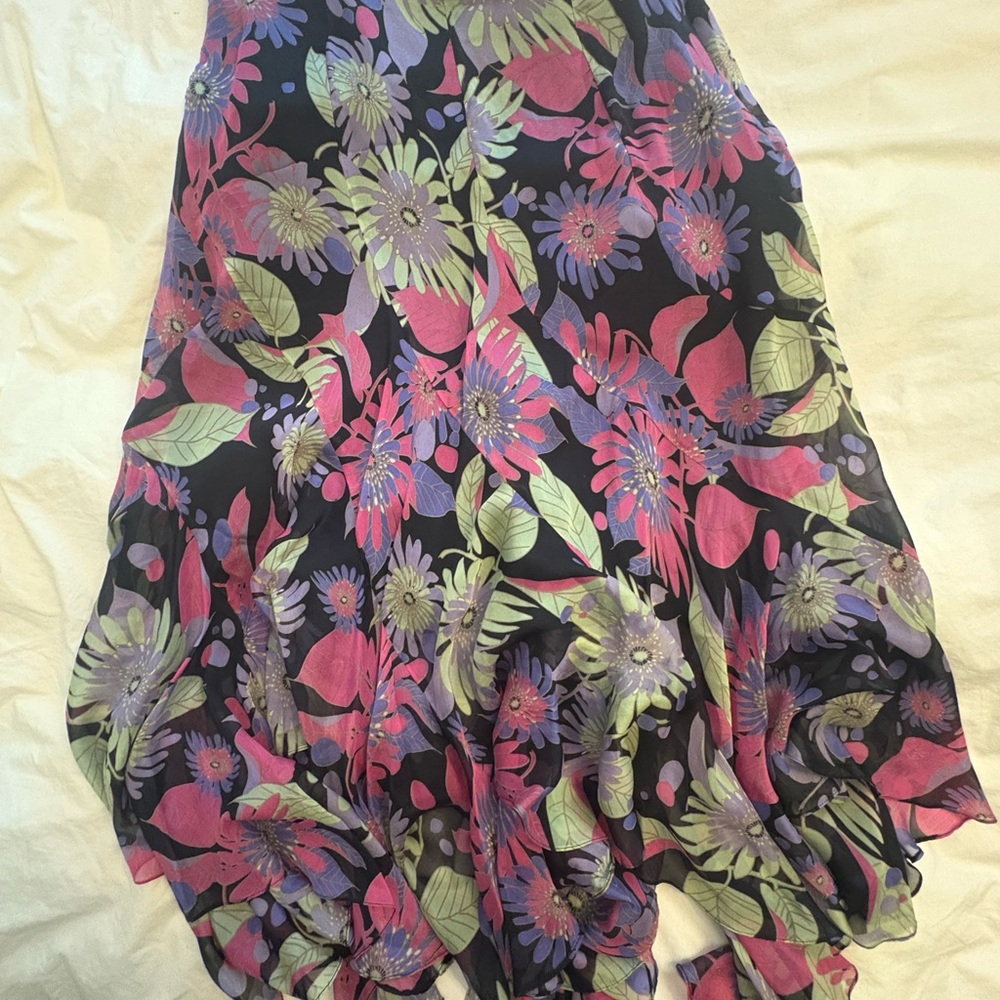Dana Buchman 100% Silk Black Skirt with Pink, Purple & Green Floral Print